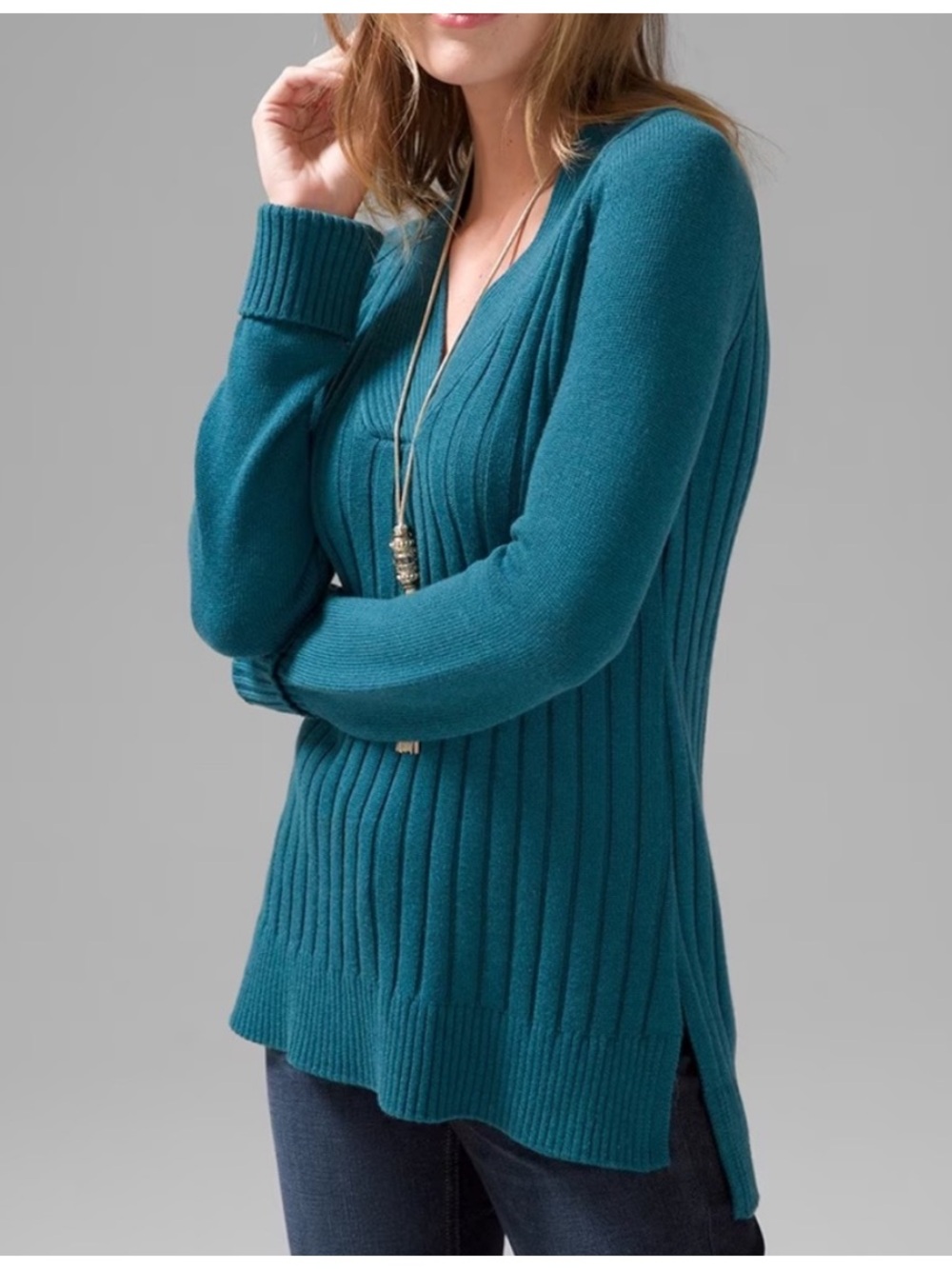 White House Black Market Long-Sleeve Ribbed Tunic in Dark Teal M Medium Cashmere